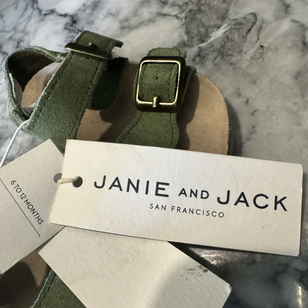 Janie and Jack Sandals Baby 6-12M GREEN Suede ~ Leather Buckle Strap Summer NWT